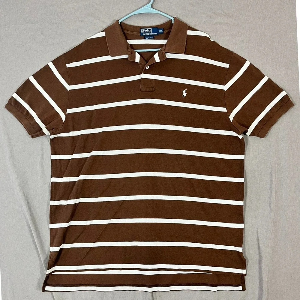 Polo Ralph Lauren Vintage Polo Shirt Mens XXL Brown White Striped Pima Cotton